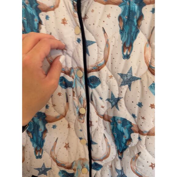 Women's Large Cream Blue Brown Longhorn Icon Quilted Clasp Long Sleeve Jacket - Picture 9 of 9